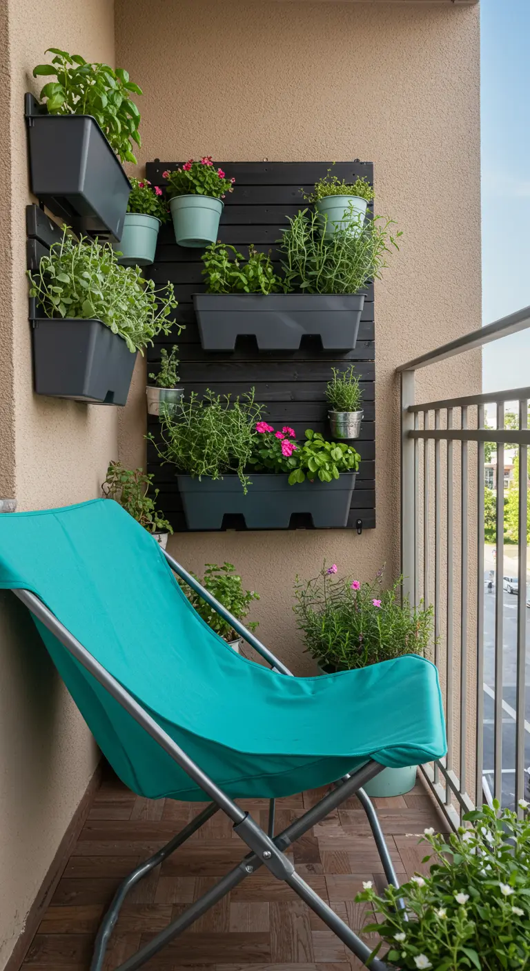 Turquoise vlinderstoel op een balkon met een verticale plantenwand vol kruiden en bloemen.