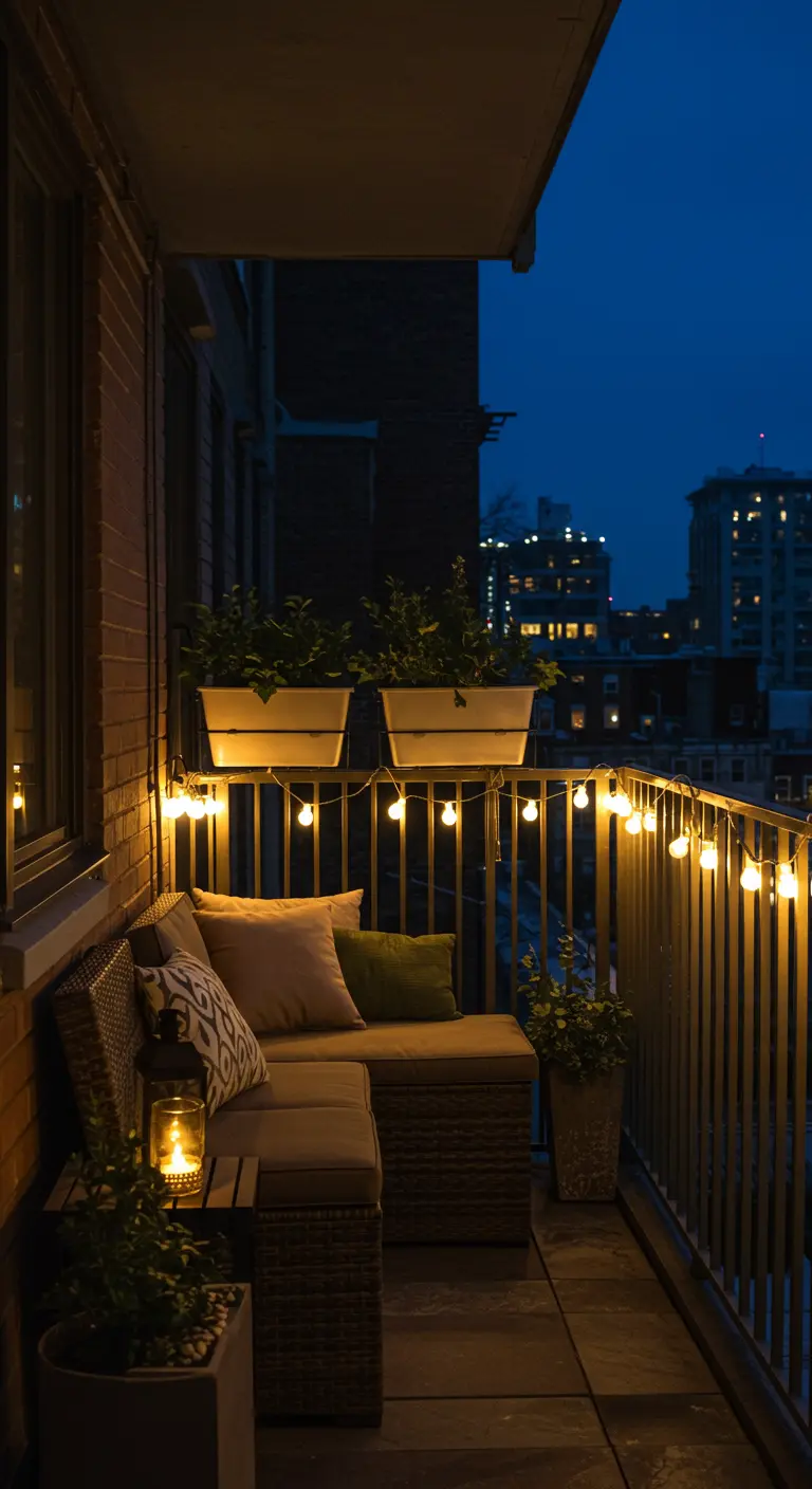 Stadsbalkon 's avonds sfeervol verlicht met lichtslingers langs de reling en plantenbakken.