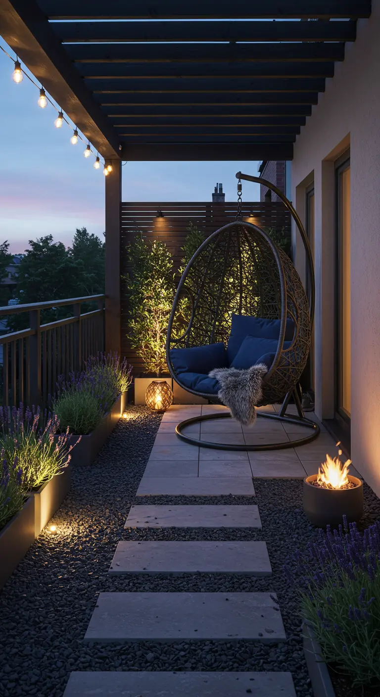Hangende eierstoel op balkon met grind, stapstenen, lavendel, vuurkorf en lichtslingers.