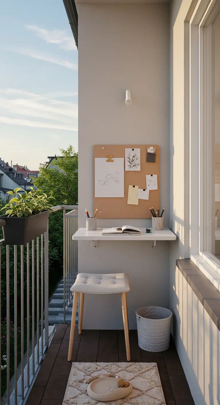 Opklapbaar wit wandbureautje op balkon met krukje en prikbord.