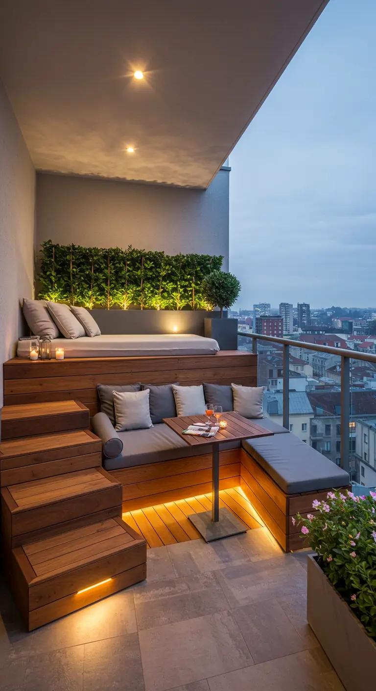 Modern balkon met houten niveaus, ingebouwde banken, loungebed en sfeerverlichting.