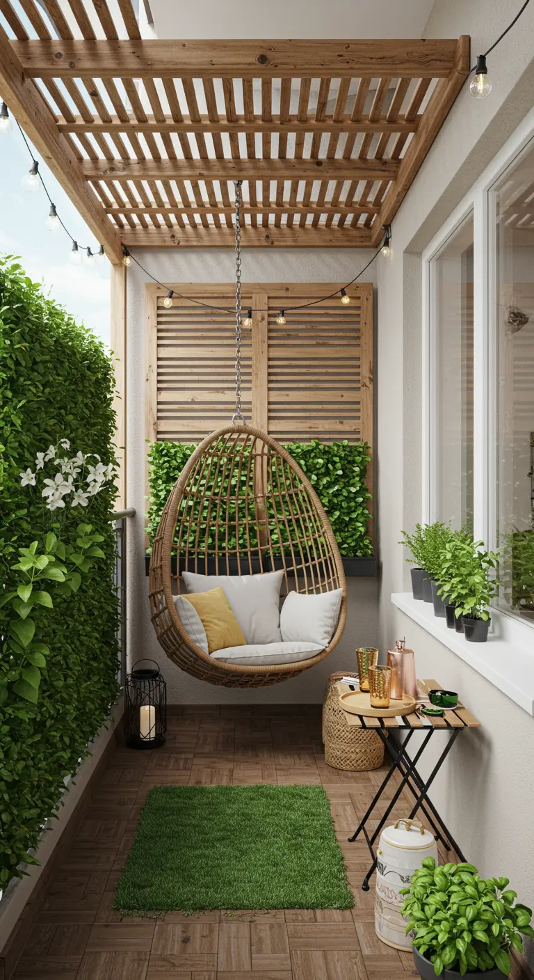 Klein balkon met rieten hangstoel, lamellen pergola, groene verticale tuin en sfeervolle lichtslingers.