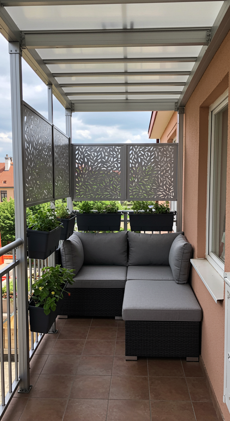 Balkonpergola met doorschijnend dak, metalen privacy-schermen en loungeset.