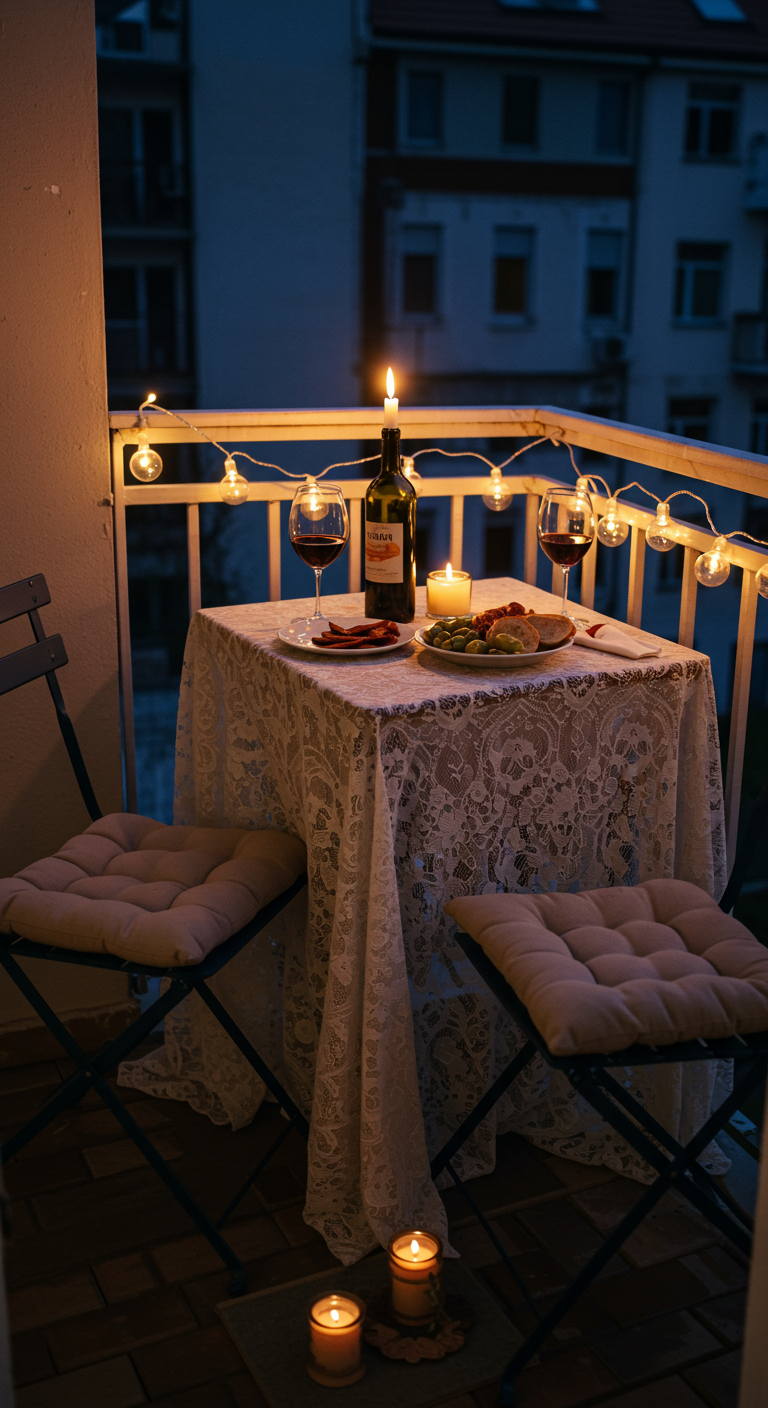 Romantisch gedekte tafel op balkon bij avondlicht, met kanten kleed en veel kaarsen.