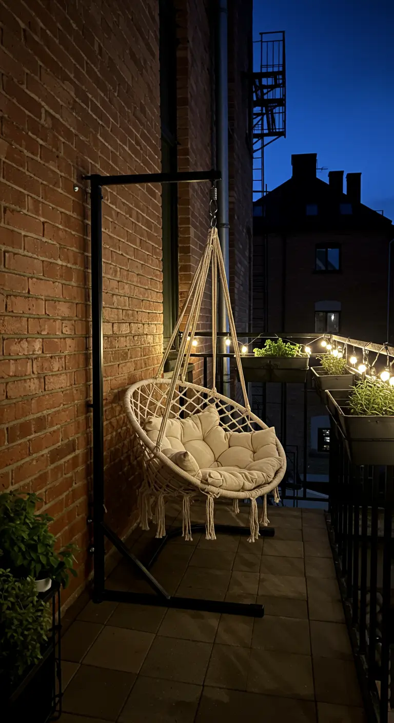 Crèmekleurige macramé hangstoel aan zwart stalen standaard op een balkon met bakstenen muur en planten