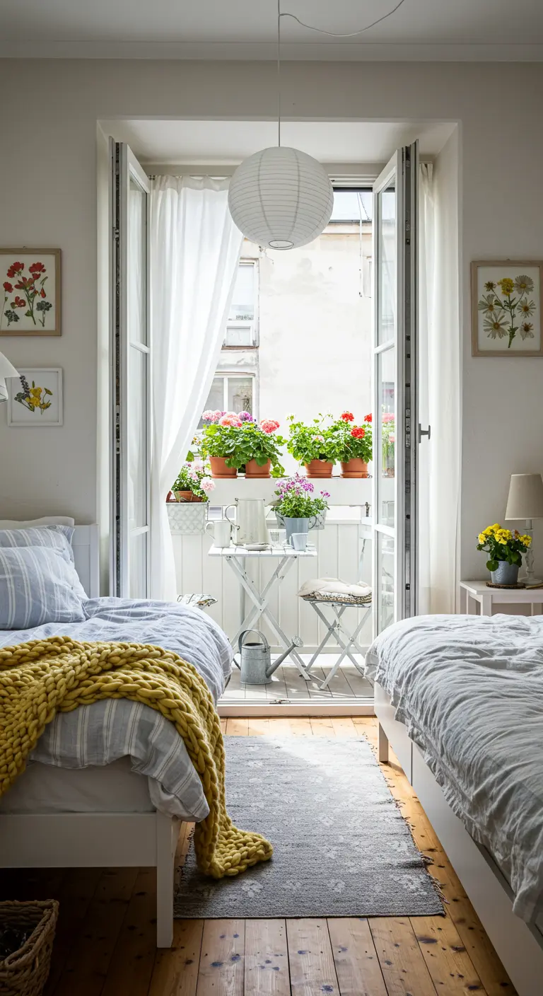 Slaapkamer met openslaande deuren naar een balkon vol bloemen, Scandinavische stijl.