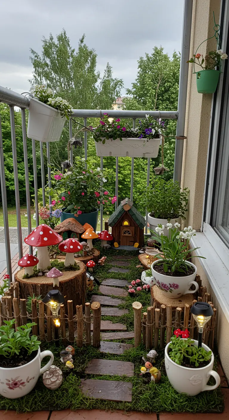 Miniatuur sprookjestuin op een balkon met kleine huisjes en figuren.