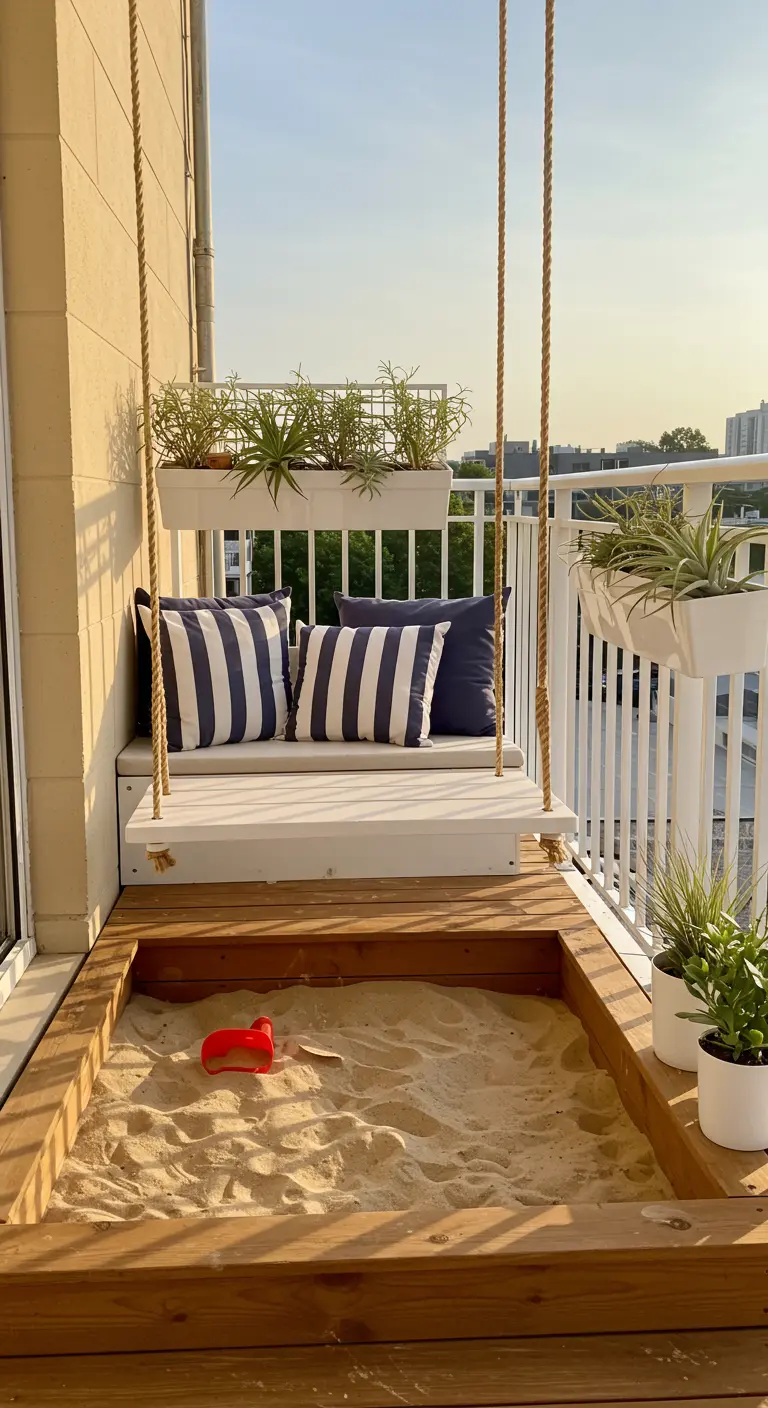 Witte schommelbank met blauw-wit gestreepte kussens en een houten zandbak op een balkon.