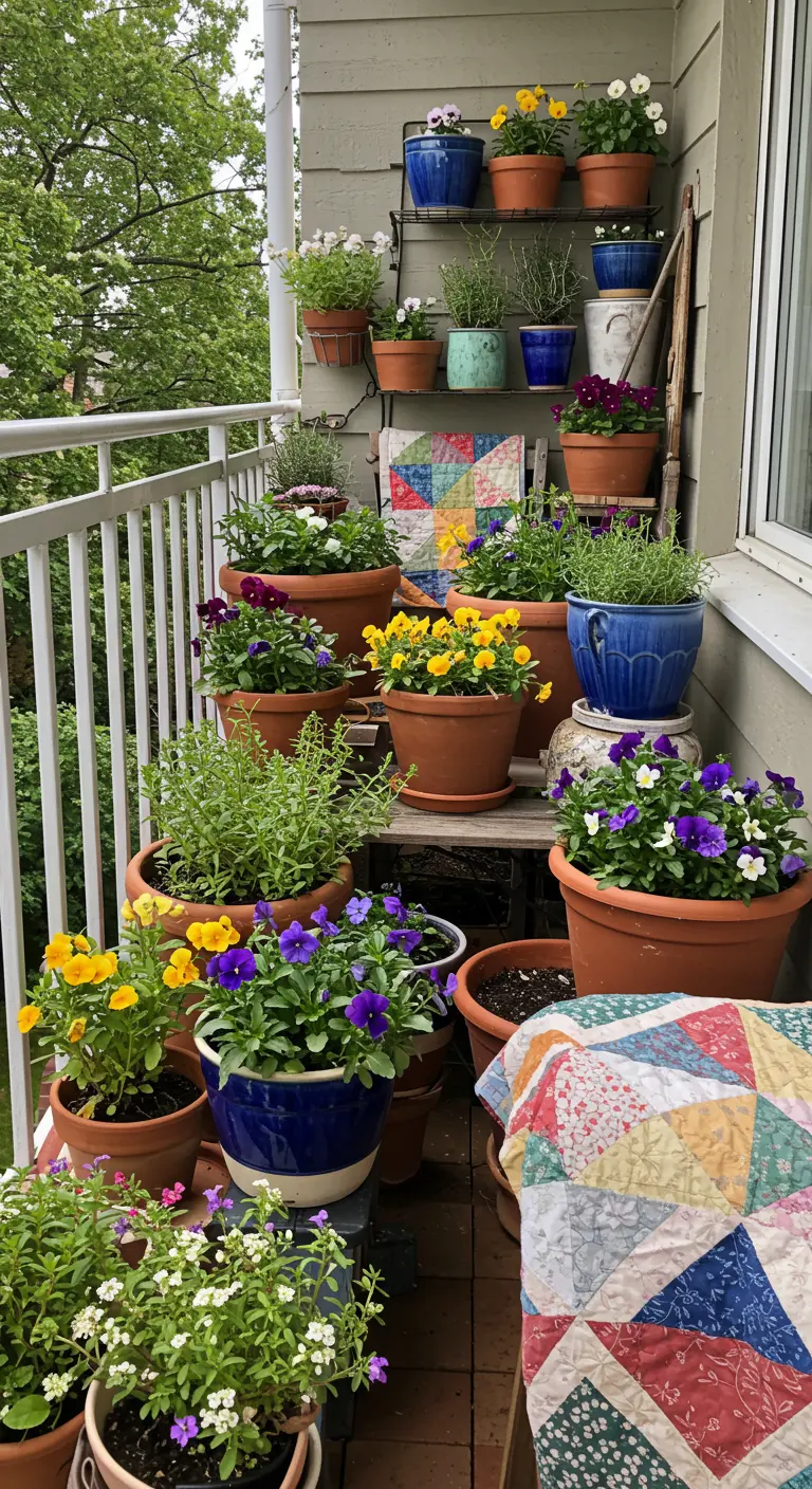 Overvol balkon met diverse kleurrijke bloemen in allerlei verschillende potten, deels op een etagère.
