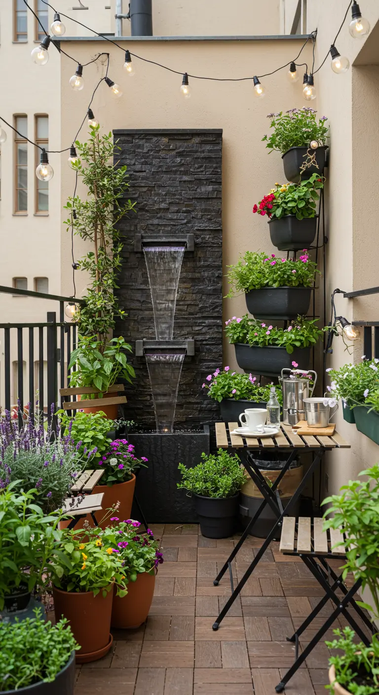Balkon met gestapelde leistenen waterval, lichtslingers en veel potplanten.