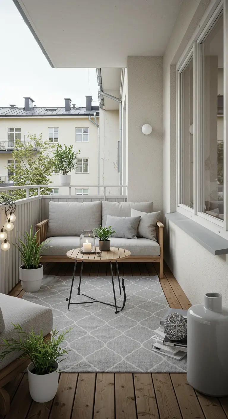 Balkon met tweepersoons houten bank, grijze kussens, een patroon vloerkleed, planten en lichtslingers.