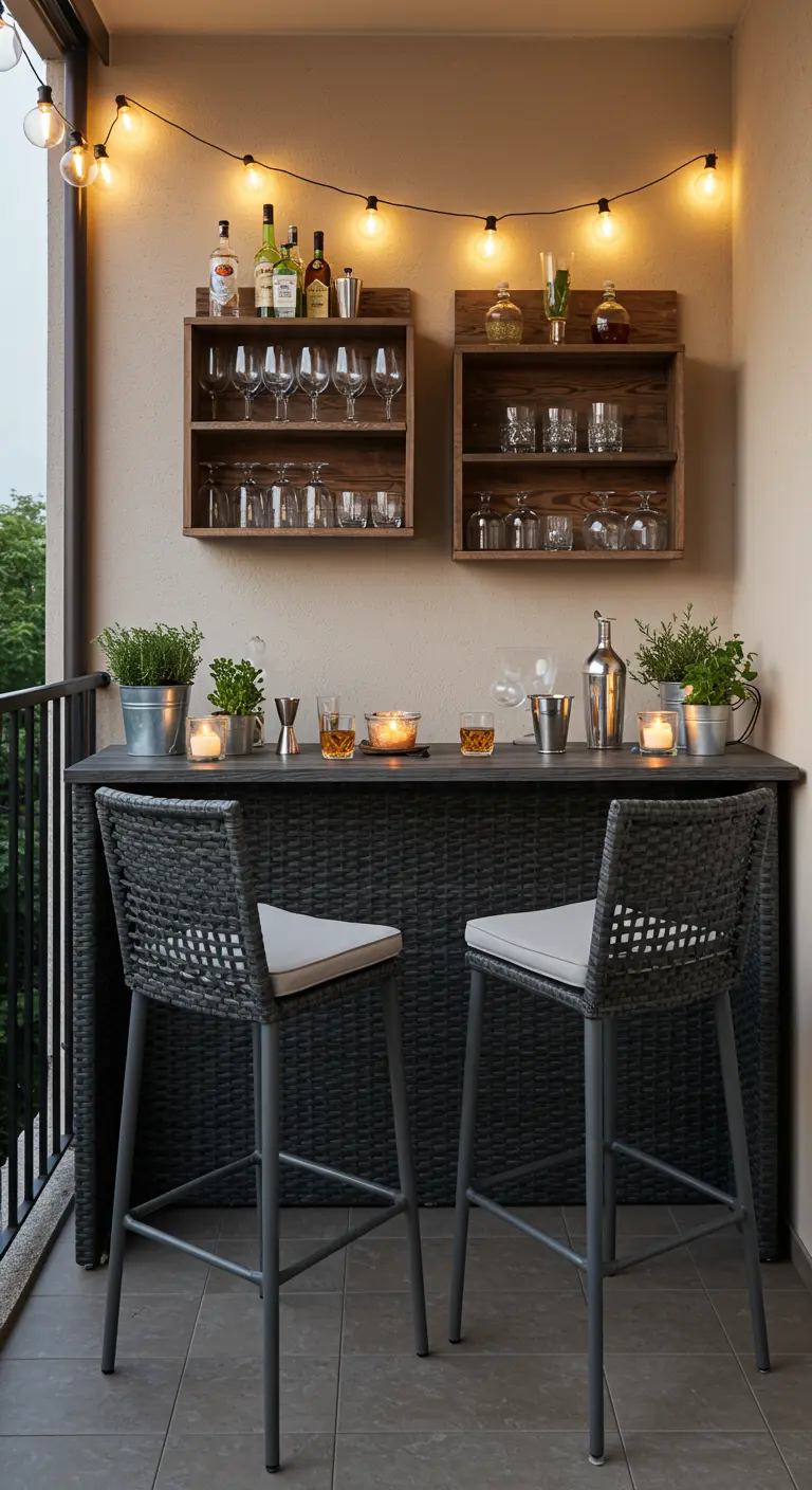 Rieten barkrukken aan een bartafel op een balkon met wandplanken voor drankjes en lichtslingers.