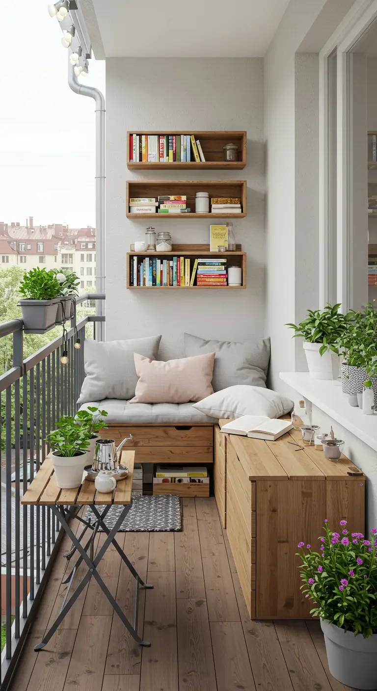 Balkon met houten bankje, boekenplanken aan de muur en een inklapbaar tafeltje.