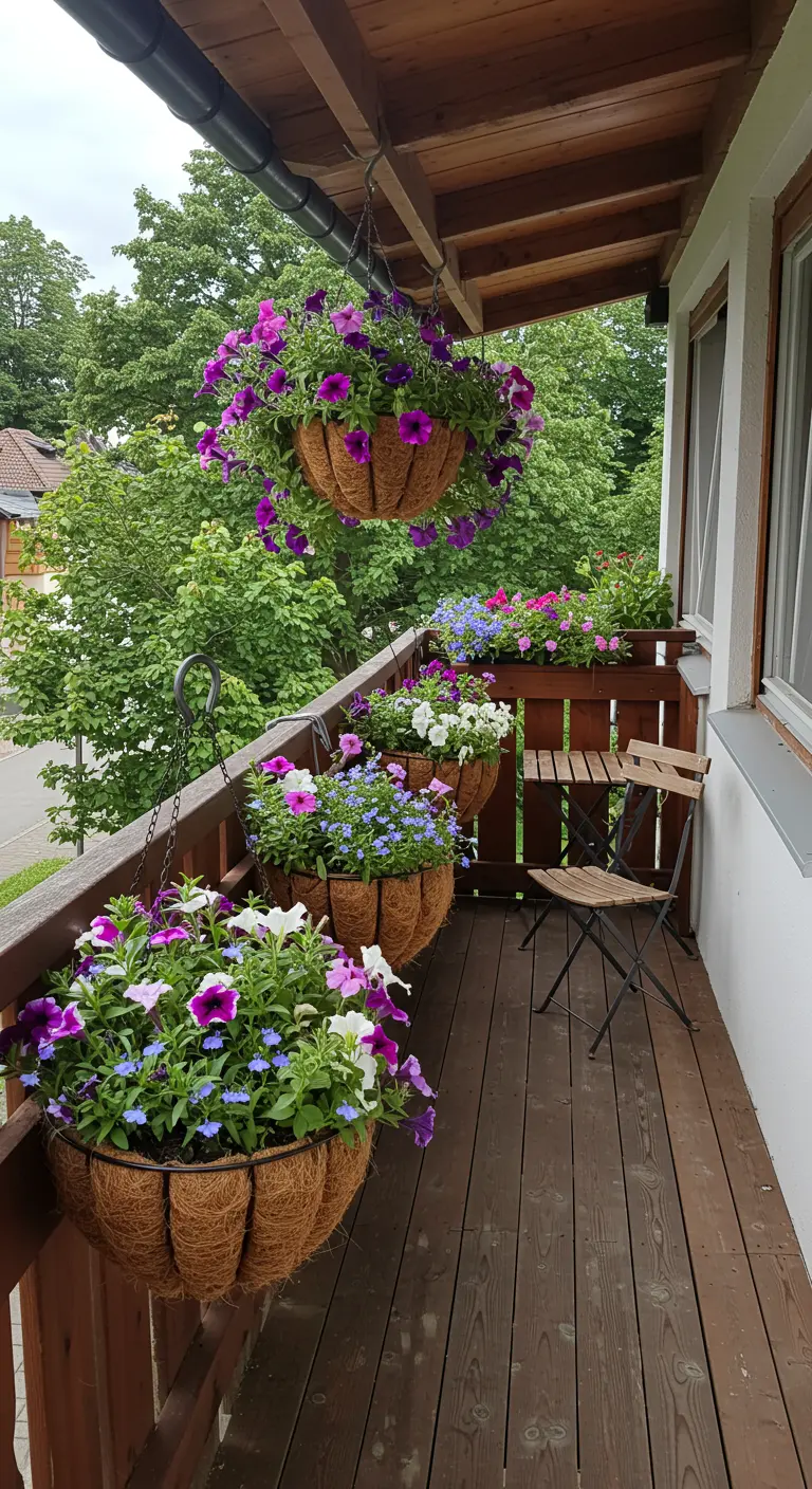 Hangende kokosmanden vol met paarse en witte petunia's aan een houten balkonreling.