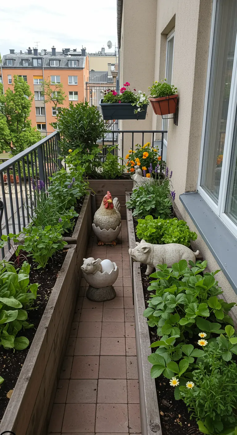 Smal balkon met houten moestuinbakken vol planten en kleine stenen boerderijdierbeeldjes ertussen.