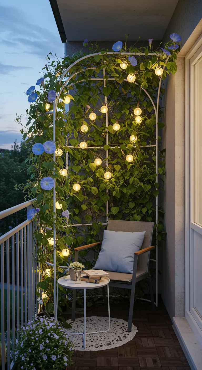 Balkon met een metalen boog begroeid met klimplanten en lichtslingers, voor een stoel.
