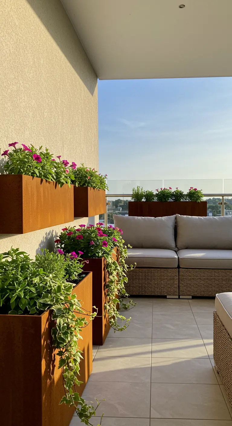 Balkon met cortenstalen hangende en staande plantenbakken vol bloemen naast een loungeset.