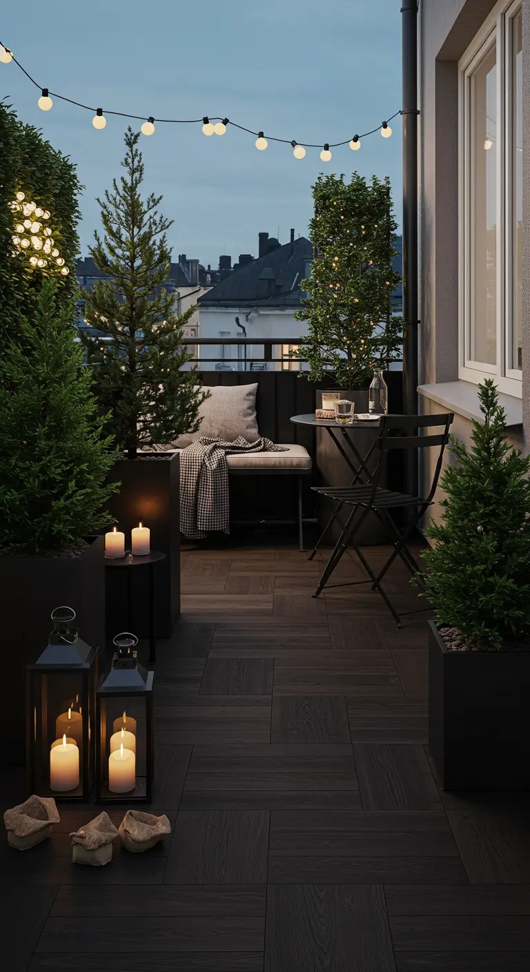 Sfeervol balkon met donkere houten tegels, zwarte plantenbakken met kleine boompjes, lichtsnoer en kaarslantaarns.