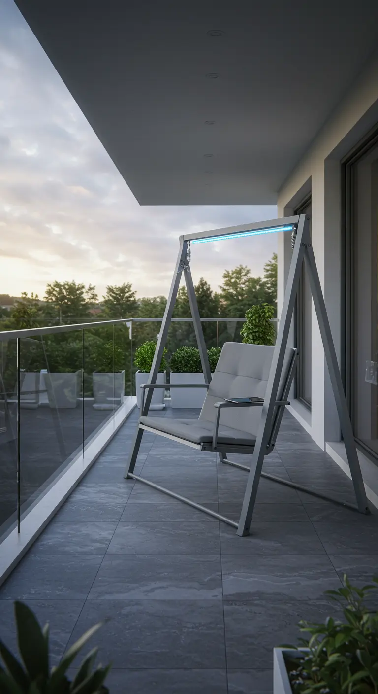 Grijze metalen schommelstoel met A-frame en blauwe LED-verlichting op een modern balkon.