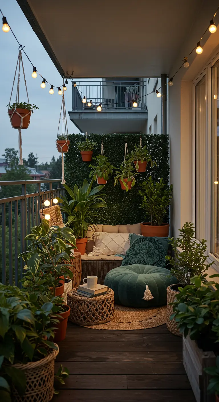 Gezellig balkon met lichtslingers, veel planten, en een zachte poef.