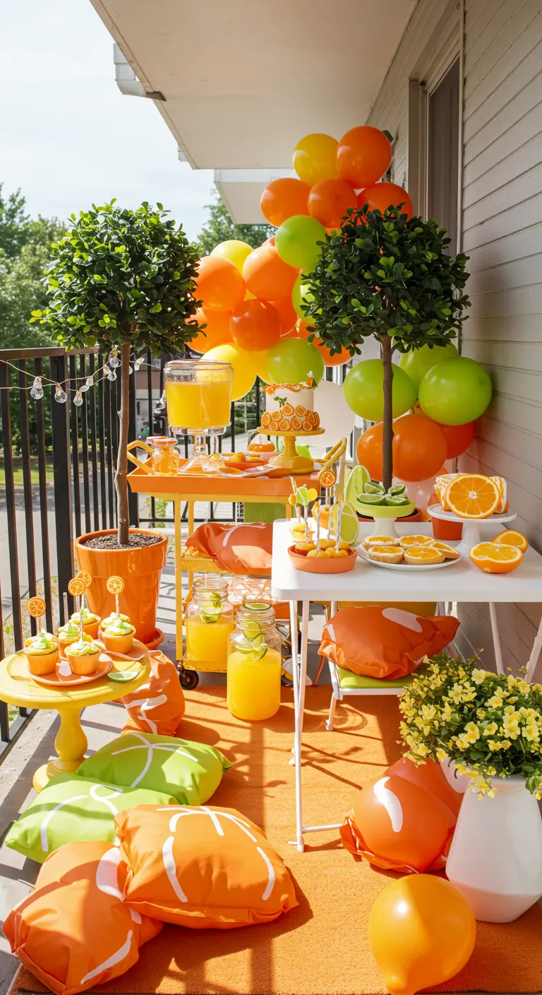 Kleurrijke gender reveal met citrusthema, oranje, geel, groen op balkon.