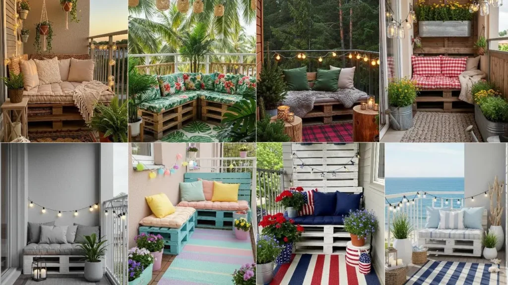 Diverse creatieve balkonhoeken met sfeervolle palletbanken, vloerkleden en lichtslingers.