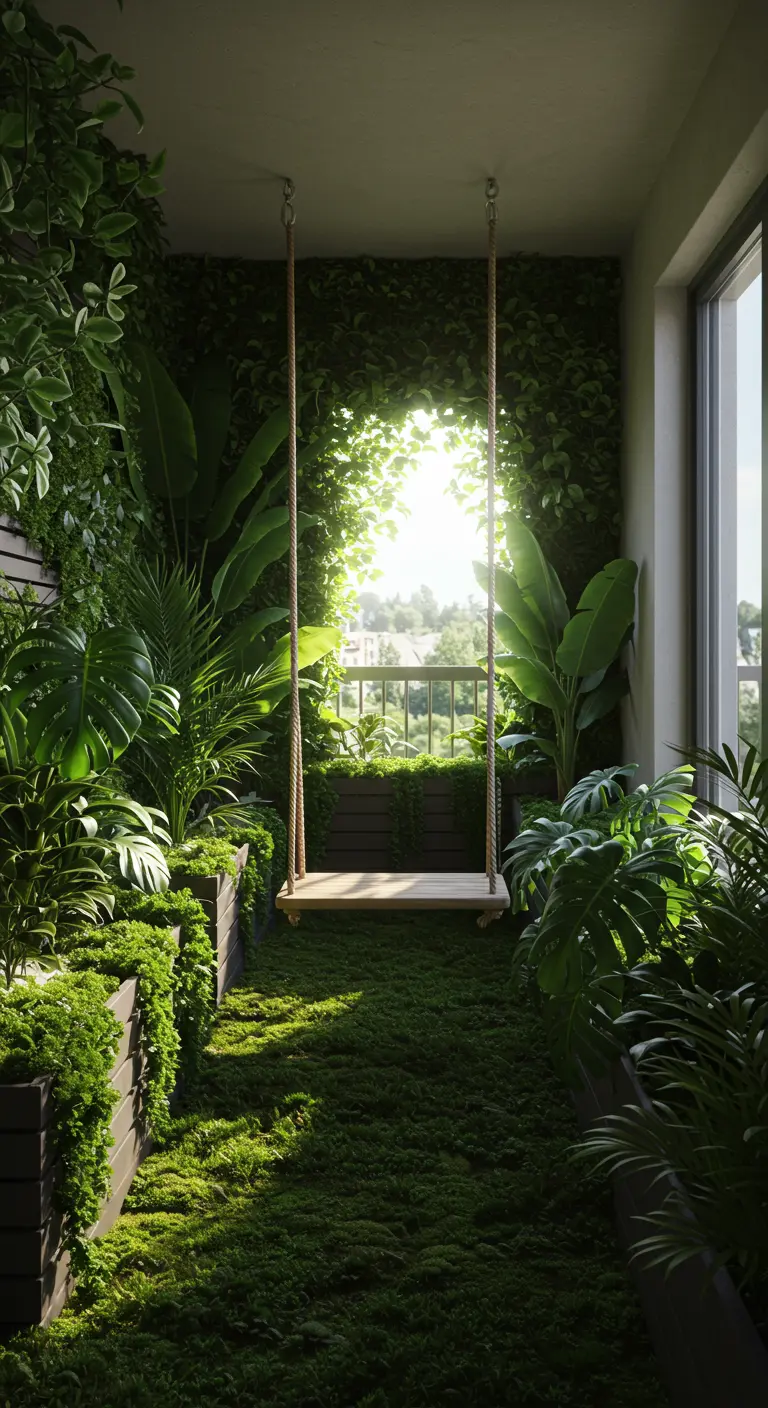 Houten schommel op een balkon met weelderige groene plantenwanden en een mosachtige vloer.
