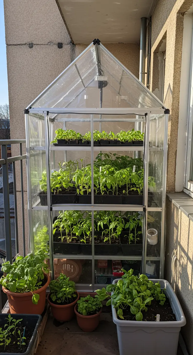 Kleine metalen kas op een balkon, gevuld met zaailingen, met grotere potten ernaast.