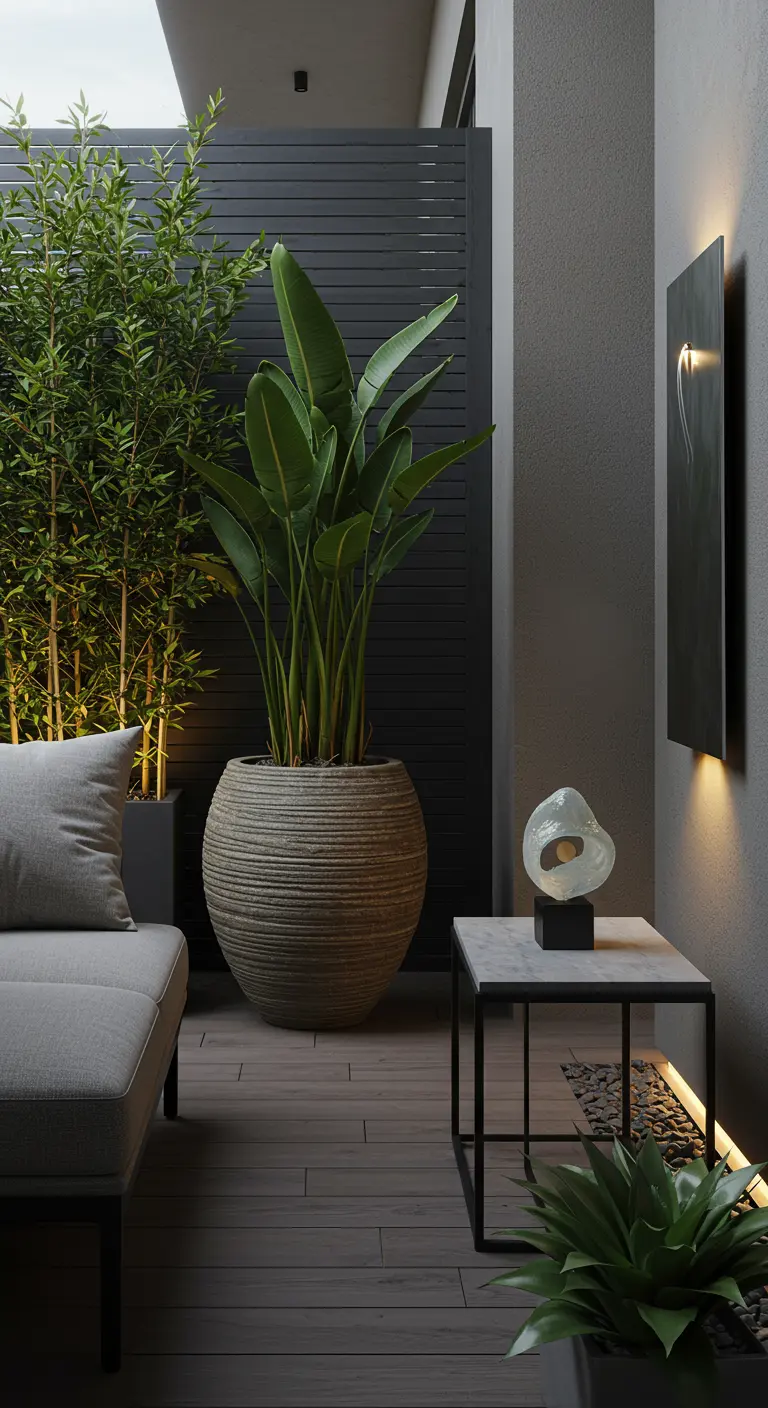 Modern balkon met grote potplant, bamboe, bijzettafel met glazen sculptuur en wandverlichting.