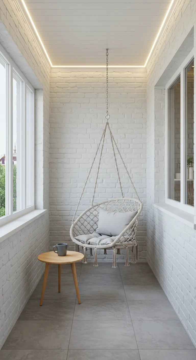 Compacte macramé hangstoel met grijs kussen op een smal balkon met witte bakstenen en plafondverlichting.