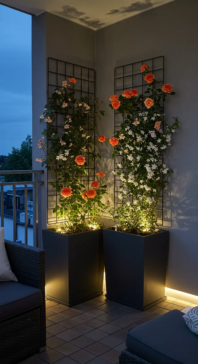Twee hoge plantenbakken op balkon met oranje rozen en witte klimmers tegen trellis, sfeervol verlicht.