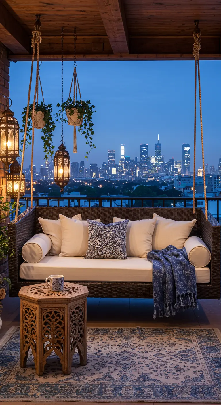 Hangende loungebank op balkon met uitzicht op skyline en sfeervolle lantaarns.
