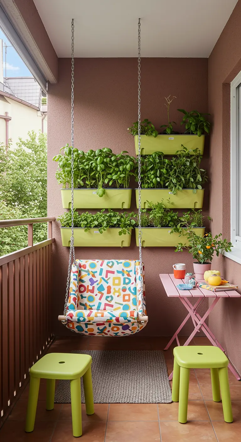 Stoffen kinderschommel met vrolijk patroon op een balkon, omringd door hangende kruidenbakken.