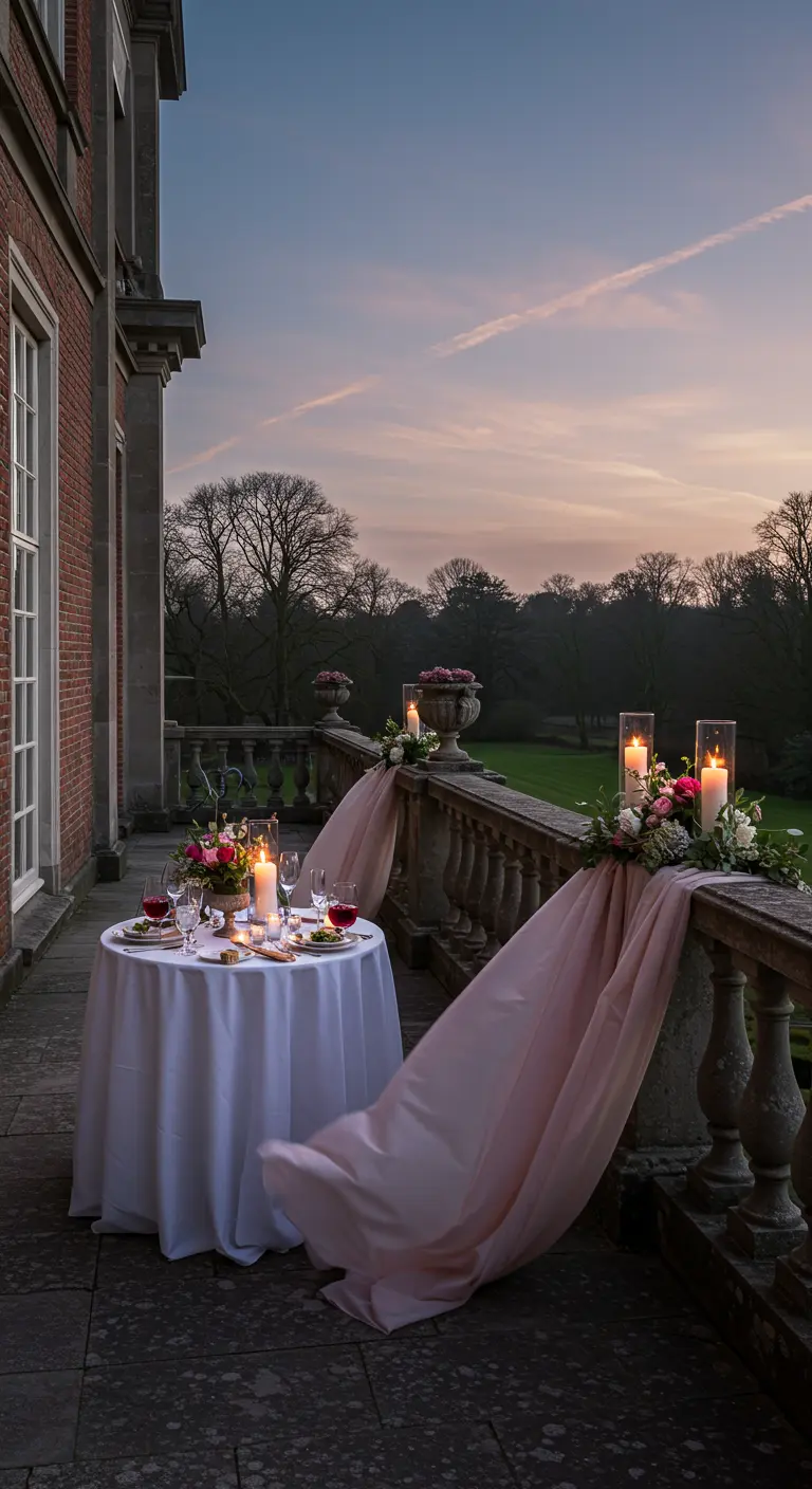 Romantisch gedekte tafel voor twee op een balkon met zachtroze gedrapeerde stof en kaarslicht.
