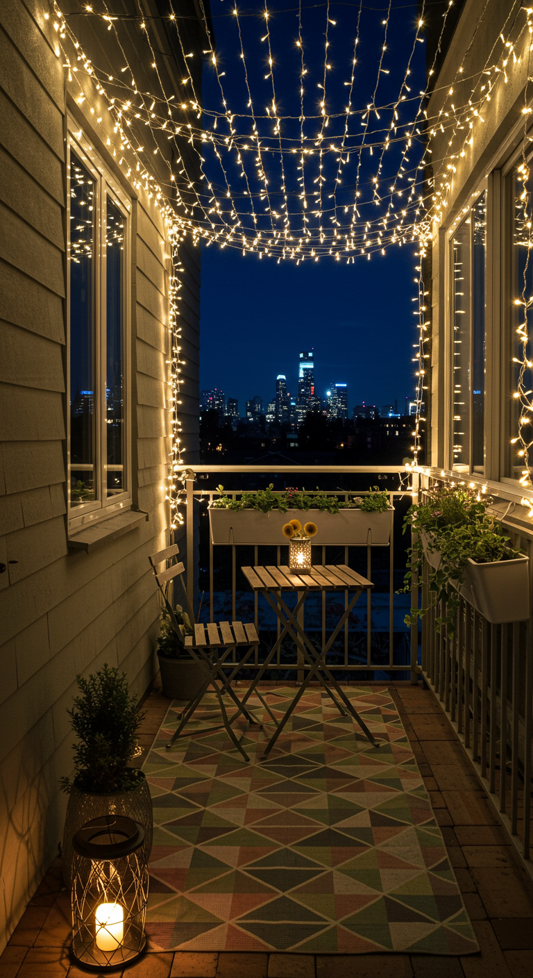 Knus balkon 's avonds met lichtsnoeren als plafond en uitzicht op de stad.
