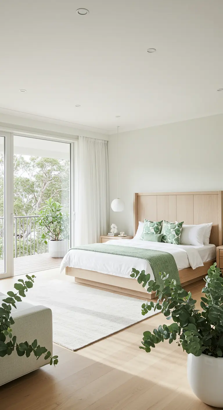 Lichte slaapkamer met balkon, houten bed, wit/groen beddengoed, veel planten, grote ramen.
