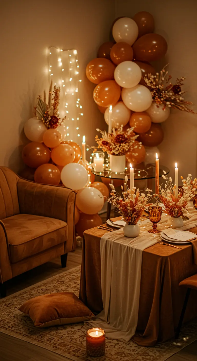 Feestelijke hoek met oranje-bruine ballonboog, fluwelen stoel en kaarslicht.