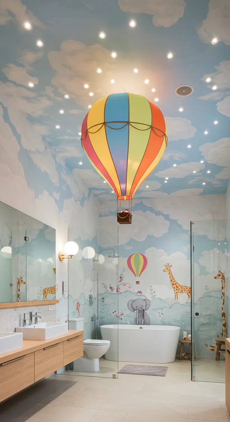 Vrolijke kinderbadkamer met wolken- en sterrenplafond en een grote kleurrijke heteluchtballon-lamp.