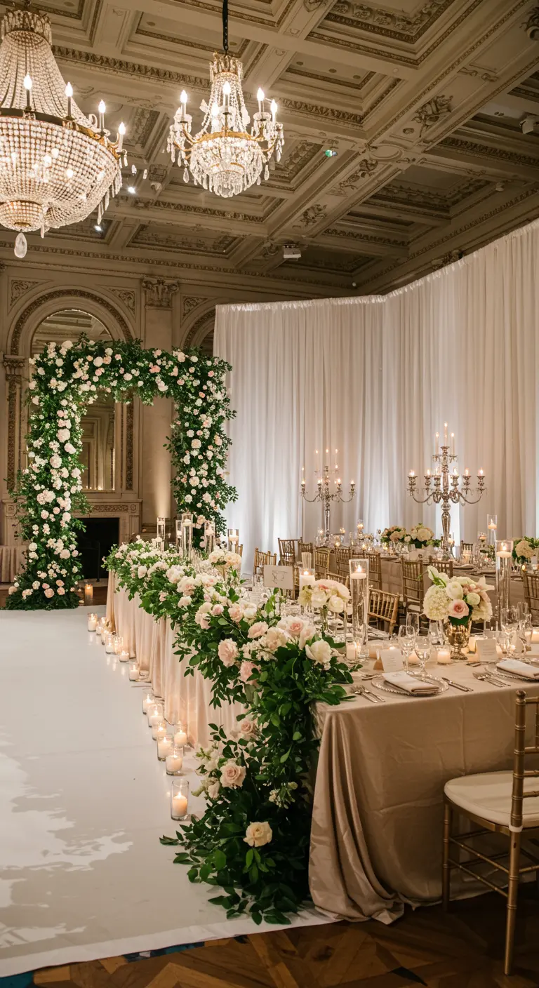 Grandioze ballroom bruiloft met lange gedekte tafels, overdadige bloemen en kroonluchters