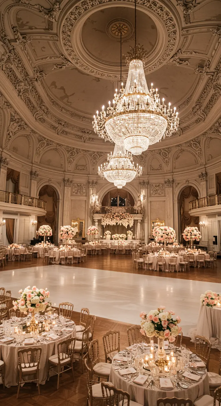 Grootse balzaal bruiloftsreceptie met kroonluchters en overdadige bloemstukken.