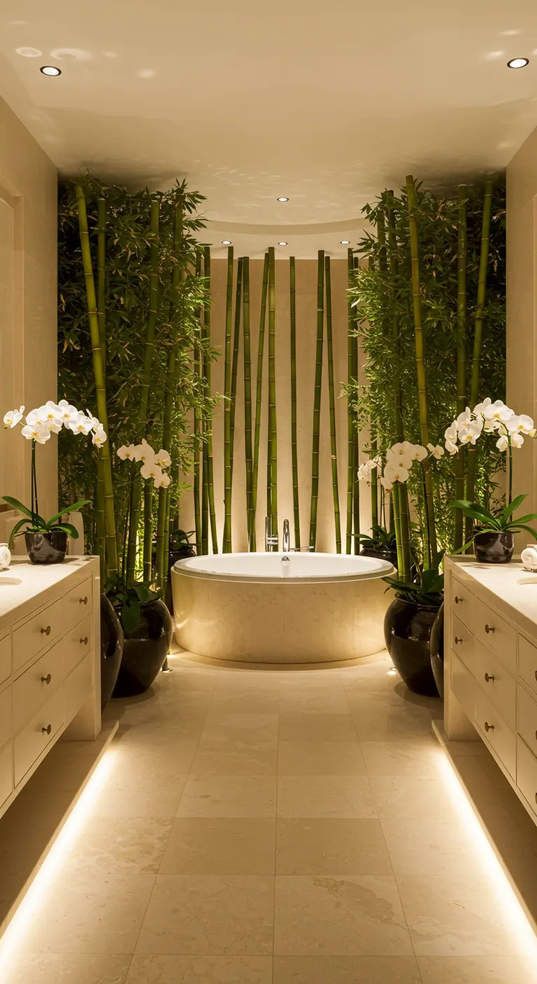 Luxe badkamer met rond bad, omringd door hoge bamboeplanten en orchideeën