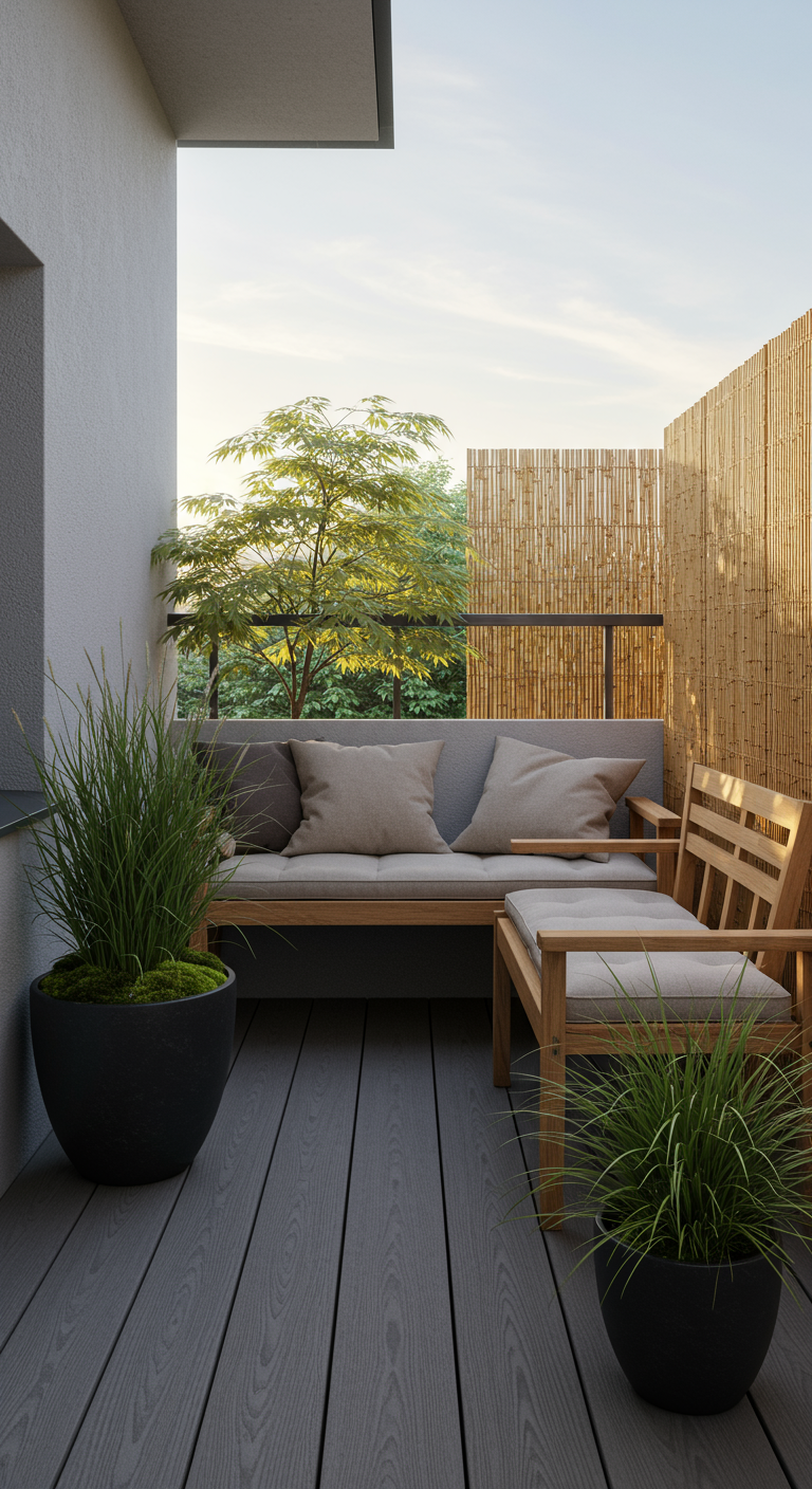 Balkon met houten loungebank, bamboescherm en planten in potten.