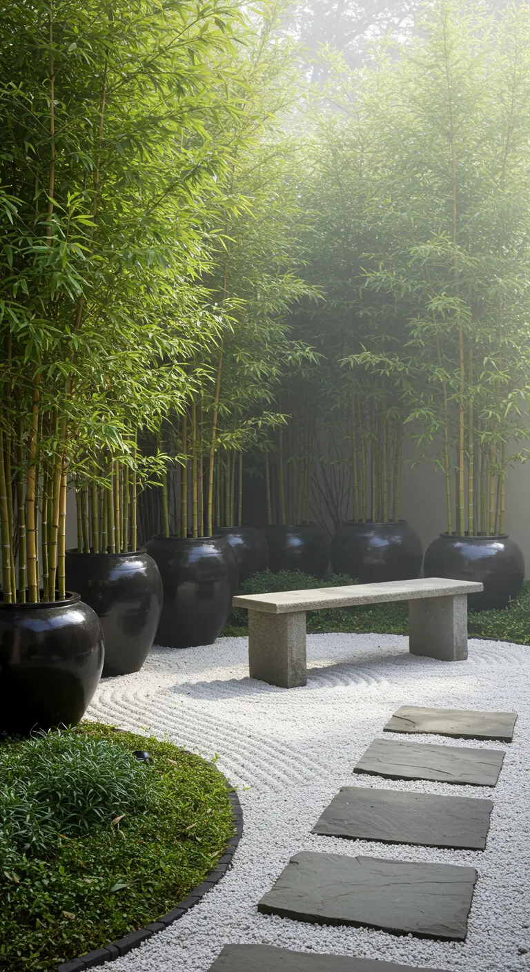 Rij glanzende zwarte potten met hoge bamboeplanten in een serene Japanse tuin.