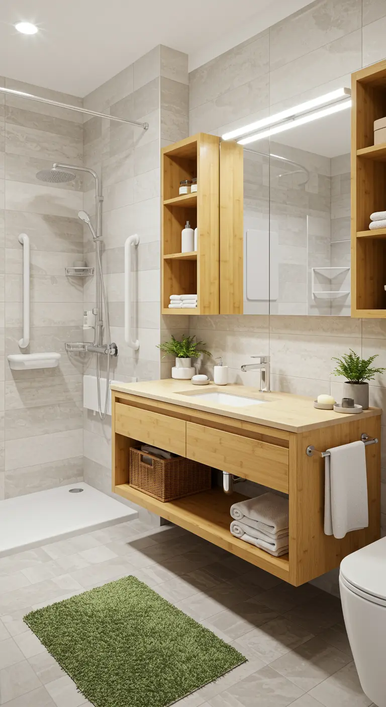 Zwevend bamboe wastafelmeubel met open opbergvak in een lichte, moderne badkamer.