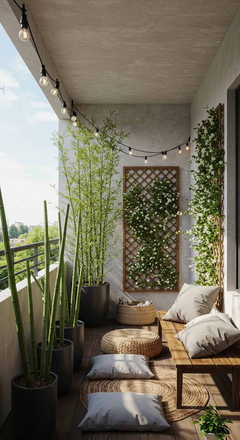 Balkon met hoge bamboeplanten, klimplantenrek en lage zitbank met kussens.