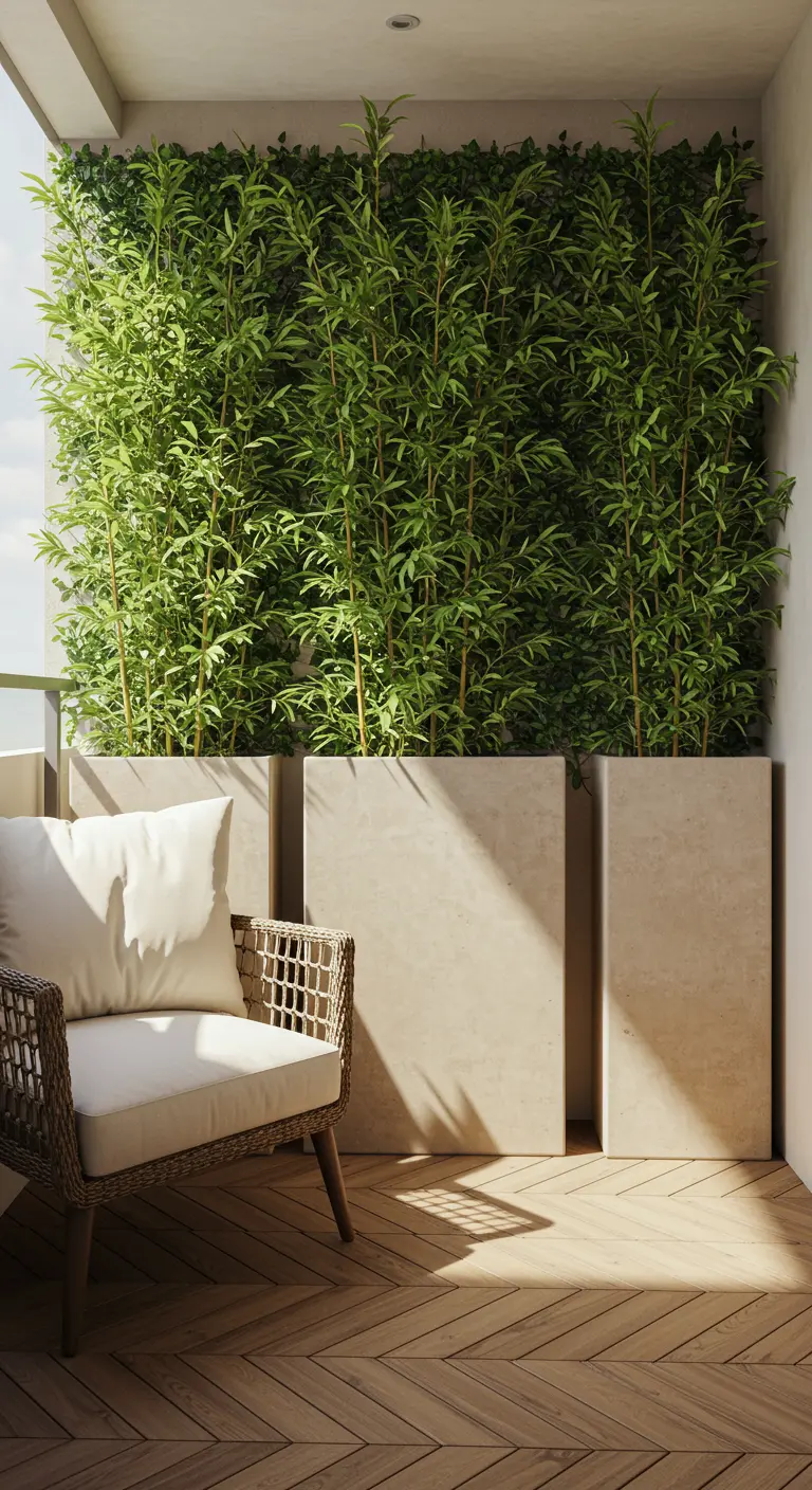 Balkon met hoge betonnen plantenbakken gevuld met bamboe, en een rotan fauteuil.