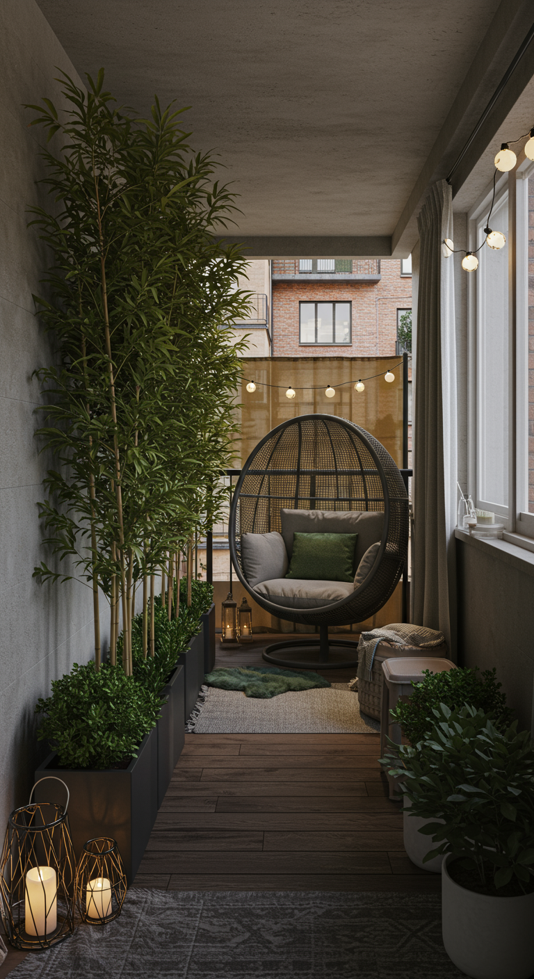 Donkere rotan hangstoel op smal balkon met hoge bamboeplanten en lantaarns.