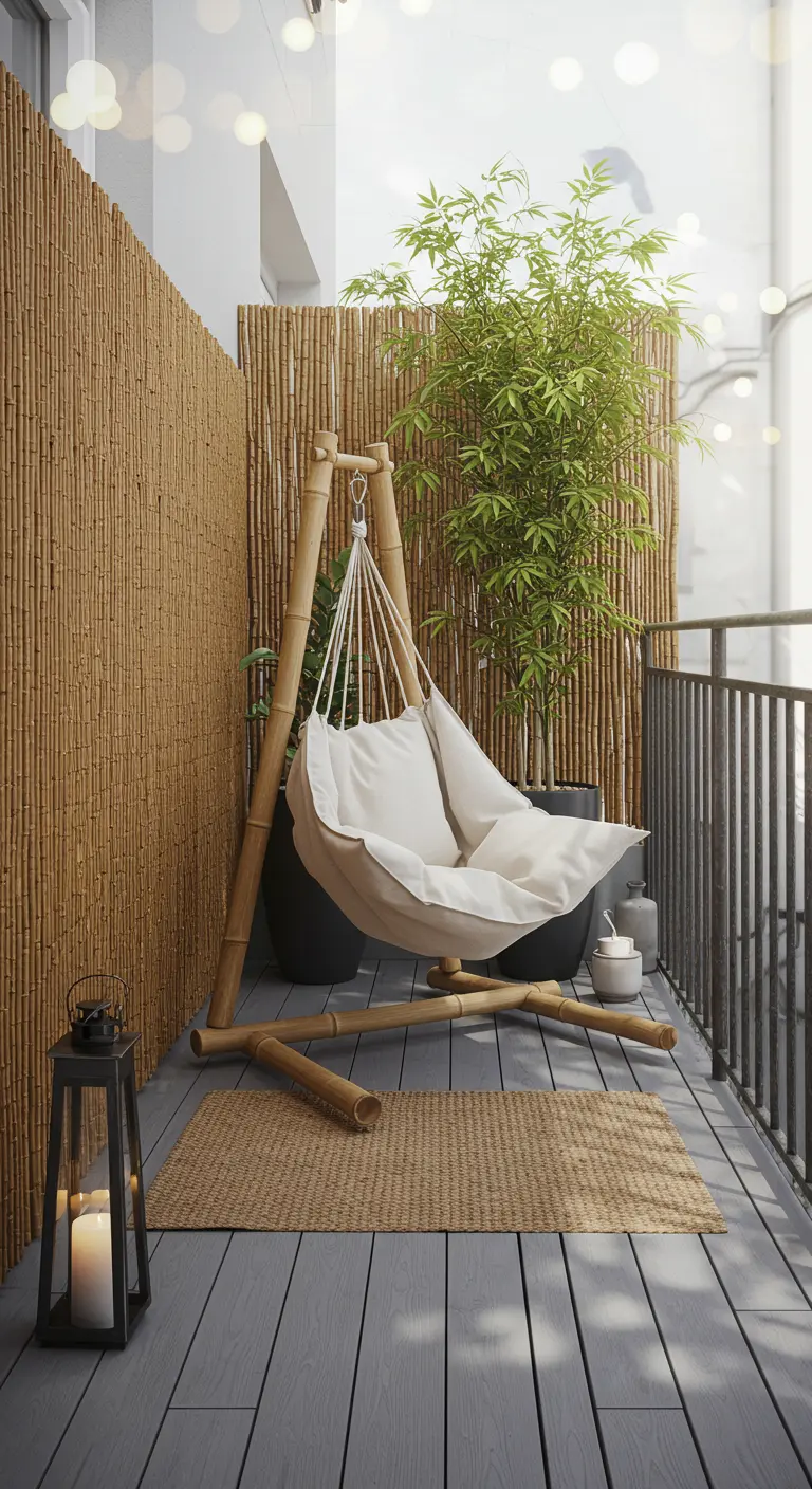 Witte stoffen hangstoel aan bamboe frame, met bamboe matten en lantaarn op balkon.