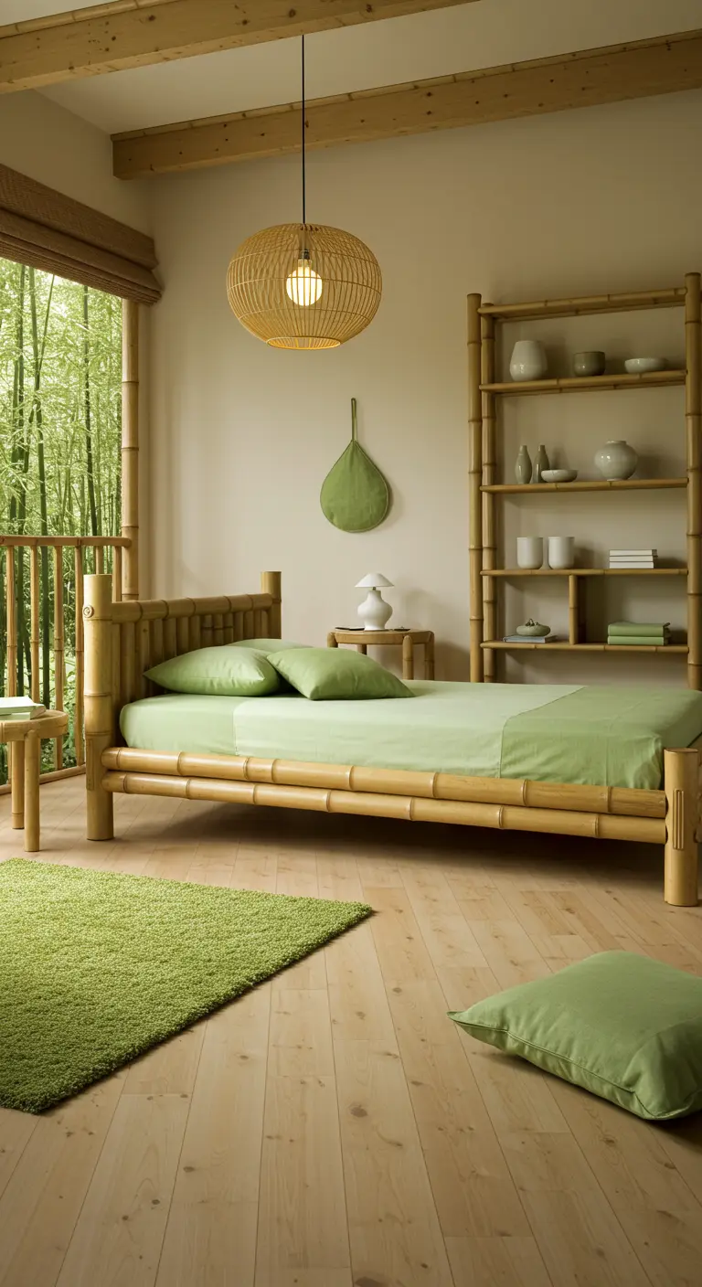 Slaapkamer met bamboe bed, lichtgroen beddengoed en rotan lamp.