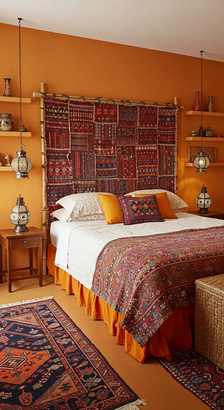 Etnisch patchwork wandkleed opgehangen aan bamboestokken als hoofdbord in een warme, bohemian slaapkamer.
